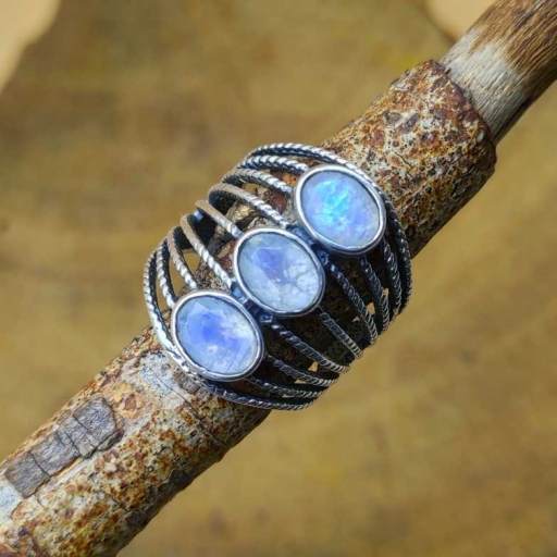 925 Sterling Silver Moonstone Designer Triple Gemstone Ring