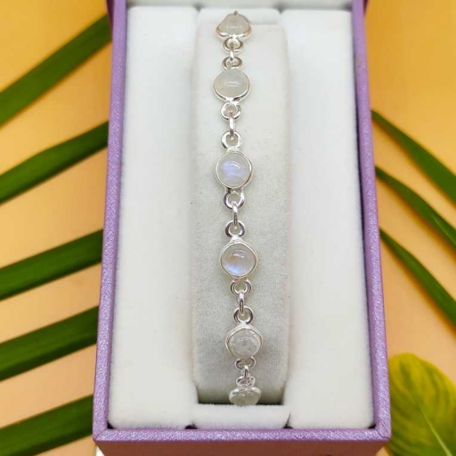 Round  Shape Rainbow Moonstone Gemstone Handmade 925 Silver Bezel Bracelet