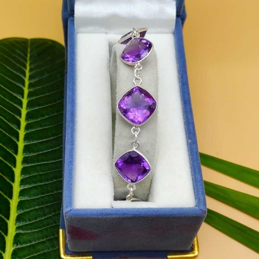 Faceted Authentic Cushion Shape Amethyst Gemstone Handmade Sterling Silver Bracelet