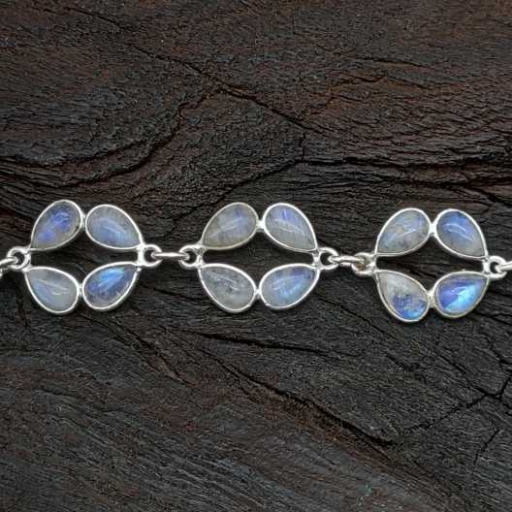 Drop Shape Rainbow Moonstone  Handmade Bohemian Silver Bracelet