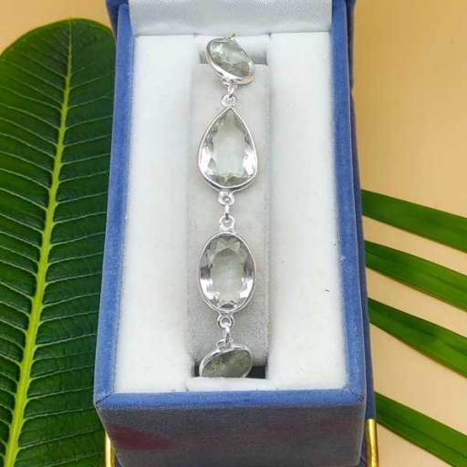 Uneven Faceted Crystal Quartz Gemstone 925 Sterling Silver Fine Bezel Bracelet