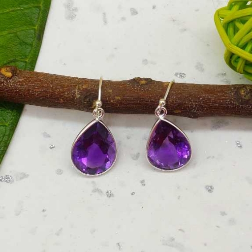 Natural Faceted Drop Shape Amethyst Gemstone 925 Sterling Silver Earring