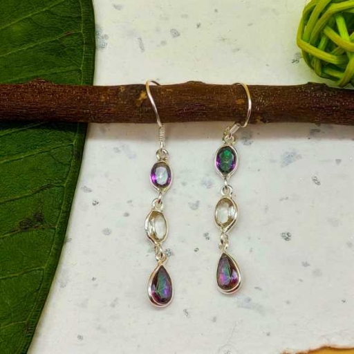 Natural Mystic Topaz And Crystal Gemstone 925 Sterling Silver Handmade Earring