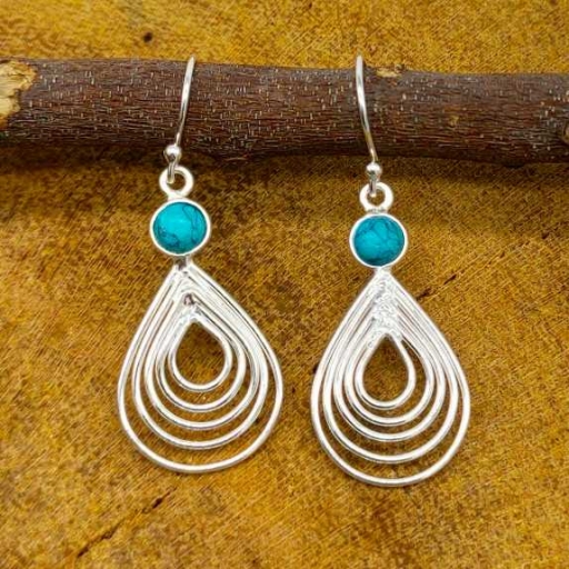 Round+Drop Shape Natural Turquoise Gemstone 925 Sterling Silver Party Wear Earring
