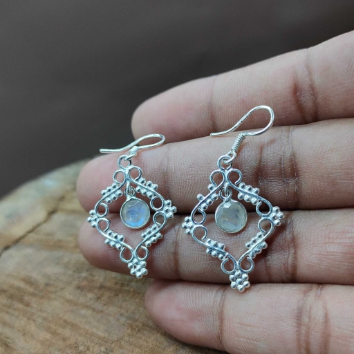 Heavy Work Faceted Moonstone Party Wear 925 Sterling Silver Earring