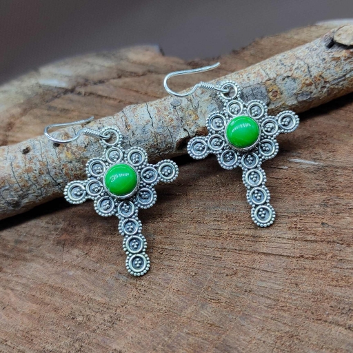 Cabochon Green Copper Turquoise Designer Work 925 Sterling Silver Design Cross Earring