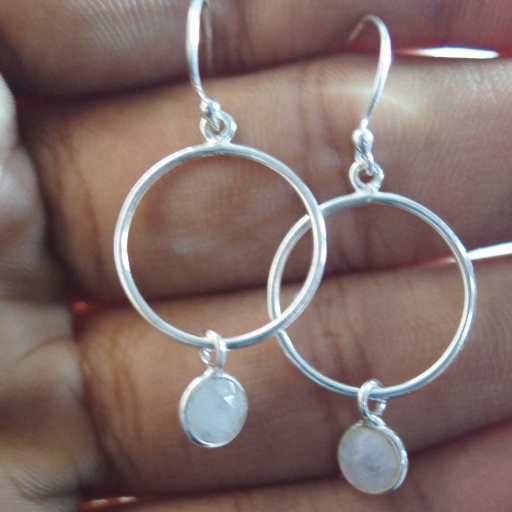 925 Sterling Silver Faceted Rainbow Moonstone Handmade Earrings With Hoops