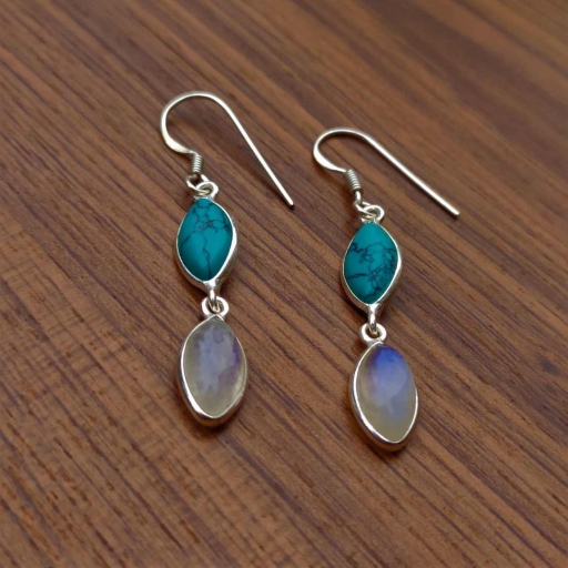 Turquoise And Rainbow Moonstone 925 Sterling Silver Handmade Earrings