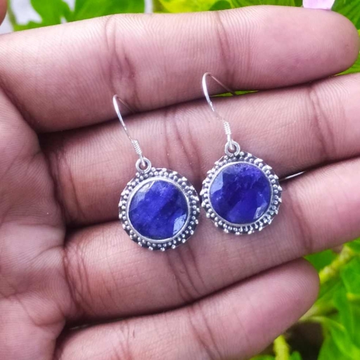 Faceted Dyed Blue Sapphire Handmade 925 Sterling Silver  Earring