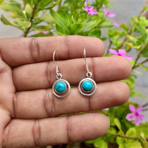 Sterling Silver Handmade Bohemian Earring With Round Shape Turquoise Gemstone