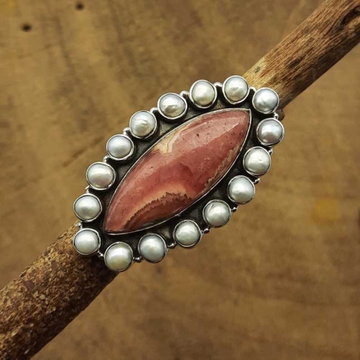 925 Sterling Silver Rhodochrosite & Pearl Gemstone Handmade Boho Chunky Ring
