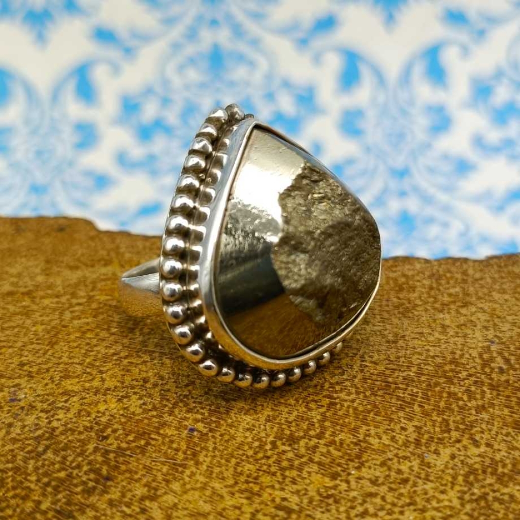 Drop Shape Pyrite Gemstone  925 Sterling Silver Bohemian Rava Work Ring