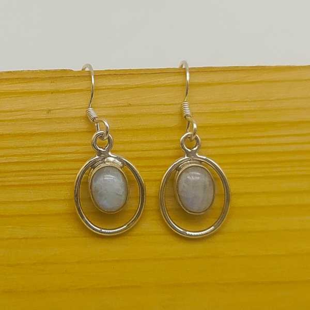 925 Sterling Silver Moonstone Round Shape Gemstone Handmade Earring