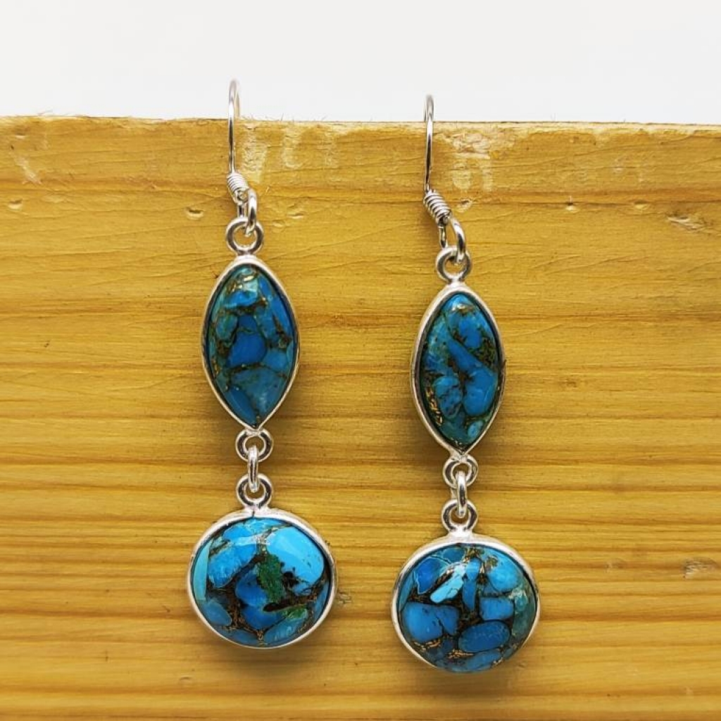 925 Sterling Silver Blue Copper Turquoise Cabochon Long Round & Marquise Shape Earring