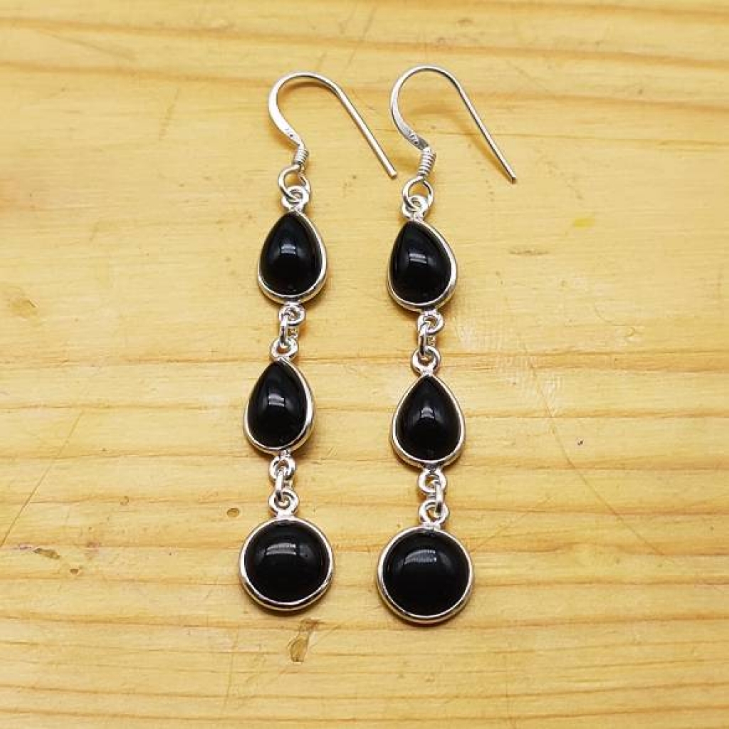 925 Sterling Silver Natural Black Onyx Cabochon Long Pear Shape Earring