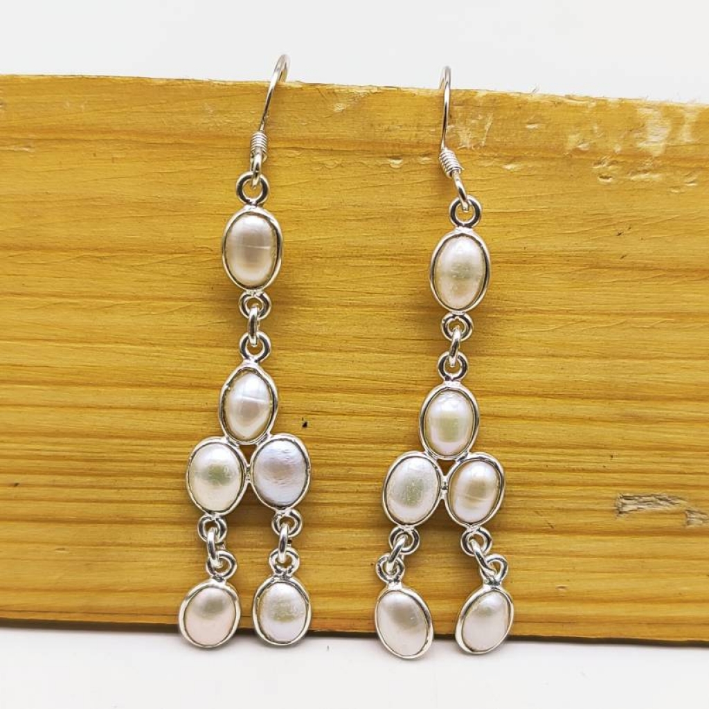 925 Sterling Silver Natural Pearl Cabochon Long Oval Shape Earring